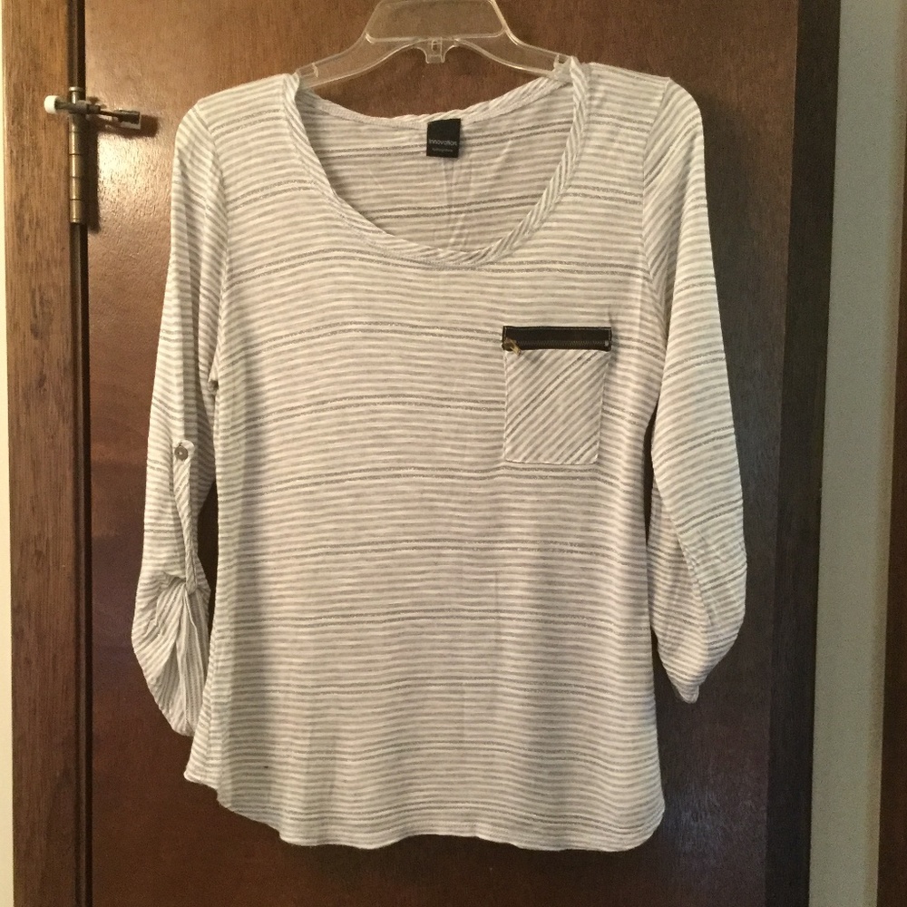 White, Silver & Gray Striped Tissue Tee